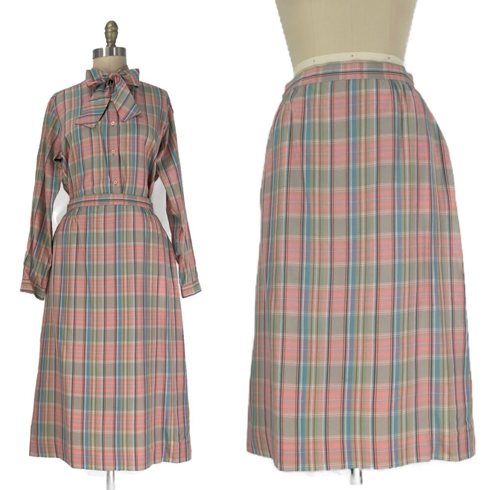 Vintage 80s F.A. MacCluer Midi Skirt size Medium Pastel Plaid Silk